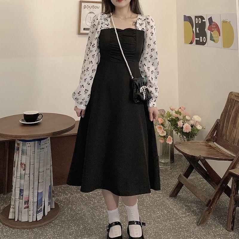 2024年微胖mm顯瘦氣質長裙女收腰早春新款長袖大碼連衣裙方領裙子