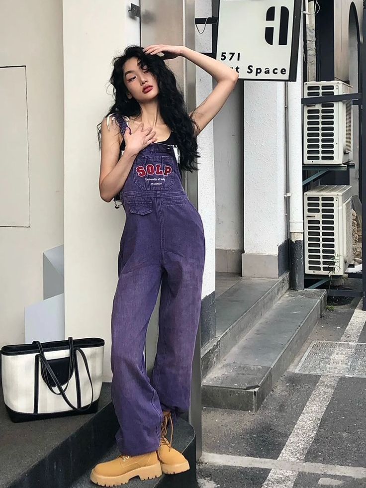 American retro purple denim overalls women's 2022 spring and autumn style loose belly-covering fried street tooling straight-leg jumpsuit [delivery within 15 days]