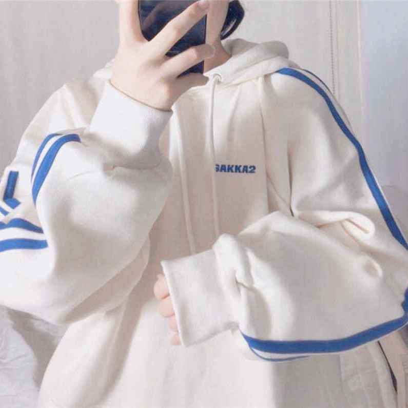 [plush and thickening] embroidered Plush sweater women's hooded loose Japanese college students' fresh coat fashion