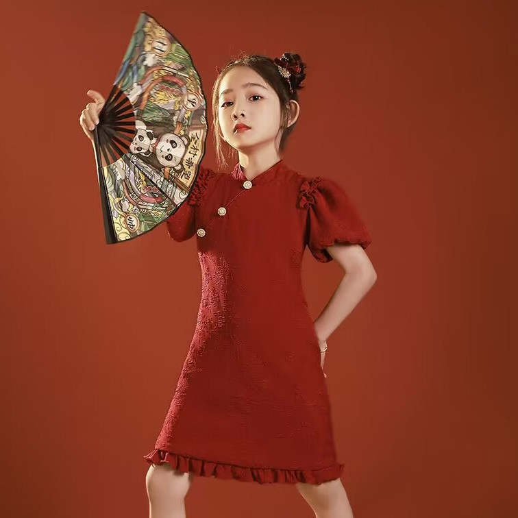 女童连衣裙夏装复古公主裙中国风红色儿童旗袍夏季小女孩表演裙子