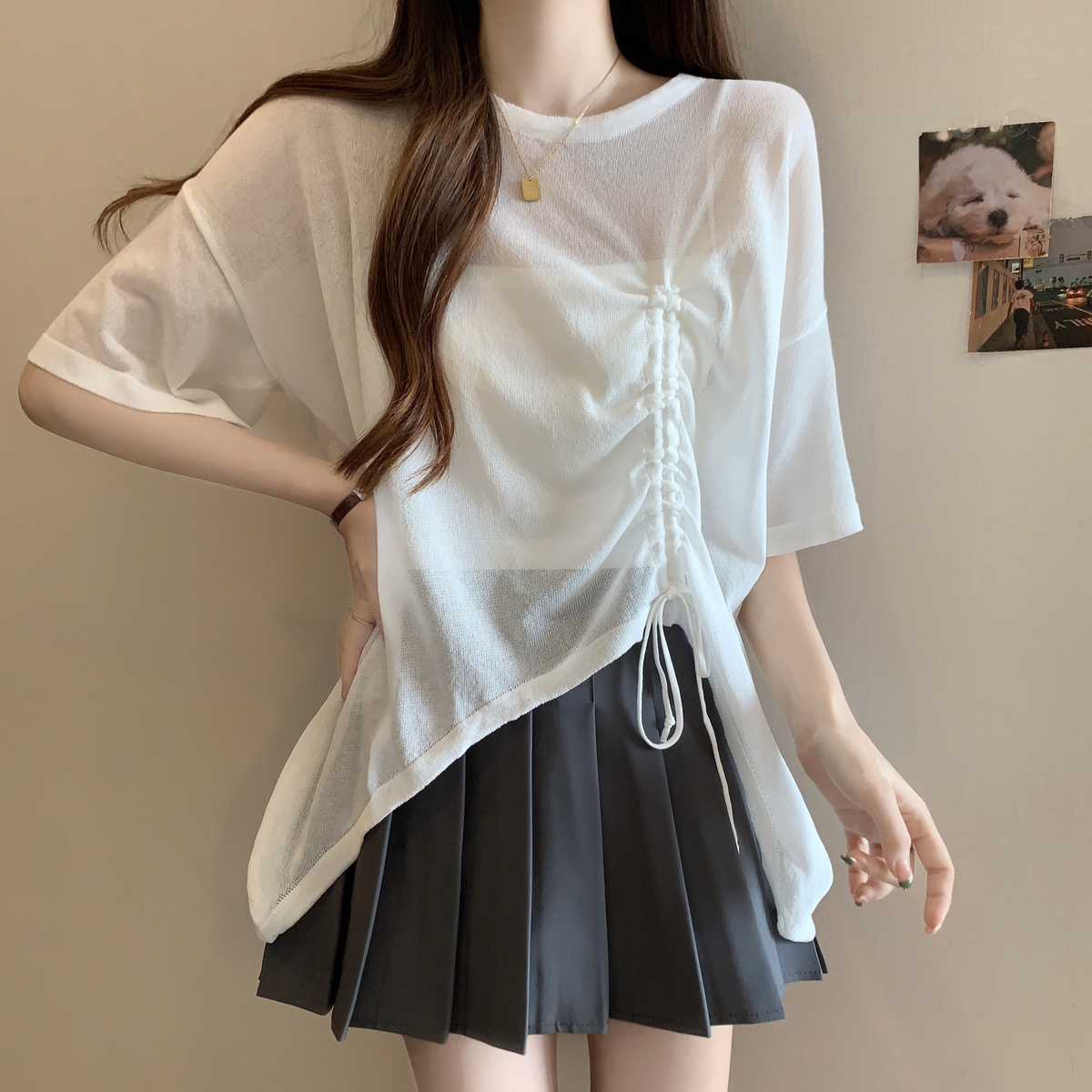 Irregular sunscreen blouse short-sleeved t-shirt women's summer thin section large size fat mm loose slim drawstring ice silk top