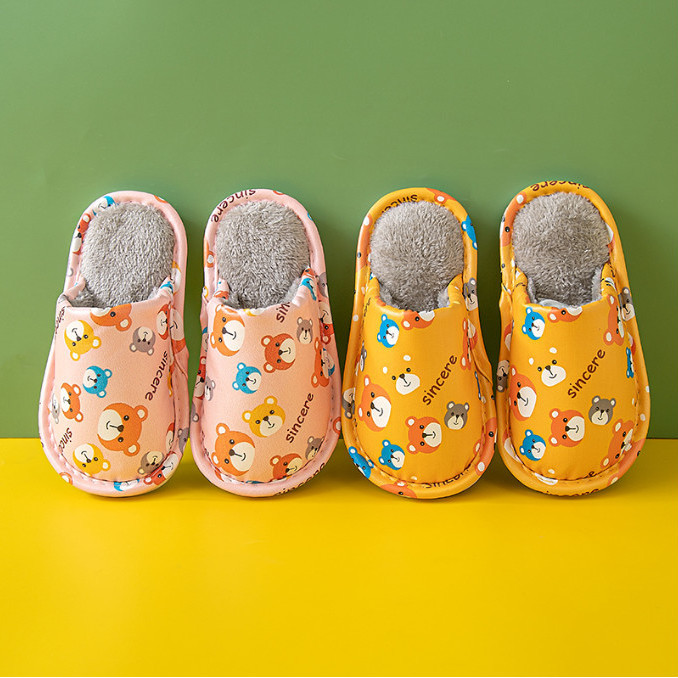 Children's cotton slippers winter boys and girls indoor non-slip thick bottom waterproof PU leather cartoon warm middle and big children's slippers
