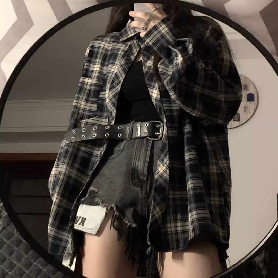 格子襯衫女設計感小眾秋季polo領上衣韓系風格穿搭復古長袖襯衣潮