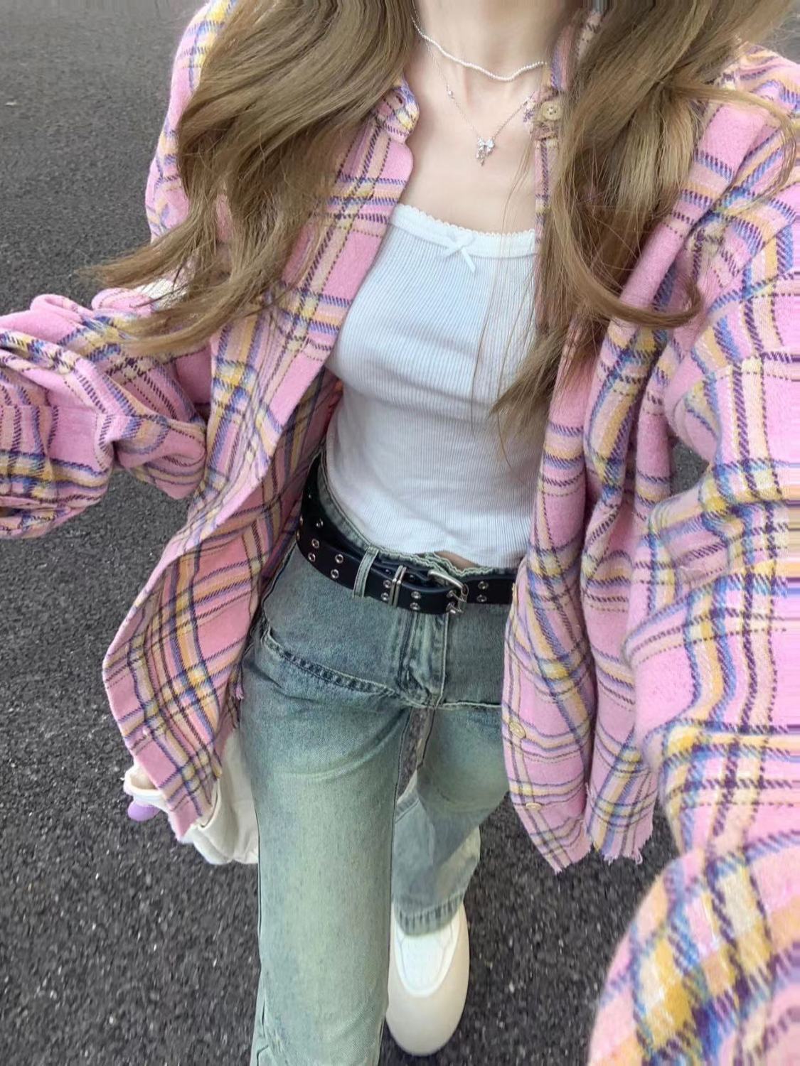 森系甜美粉色格紋襯衫女早秋新款寬鬆休閒顯瘦中長款襯衣外穿開衫