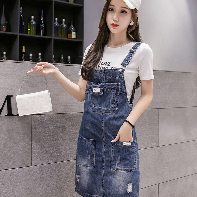Plus size women's summer 2022 new foreign style age-reducing dress denim suspender skirt fat sister looks thin two-piece suit