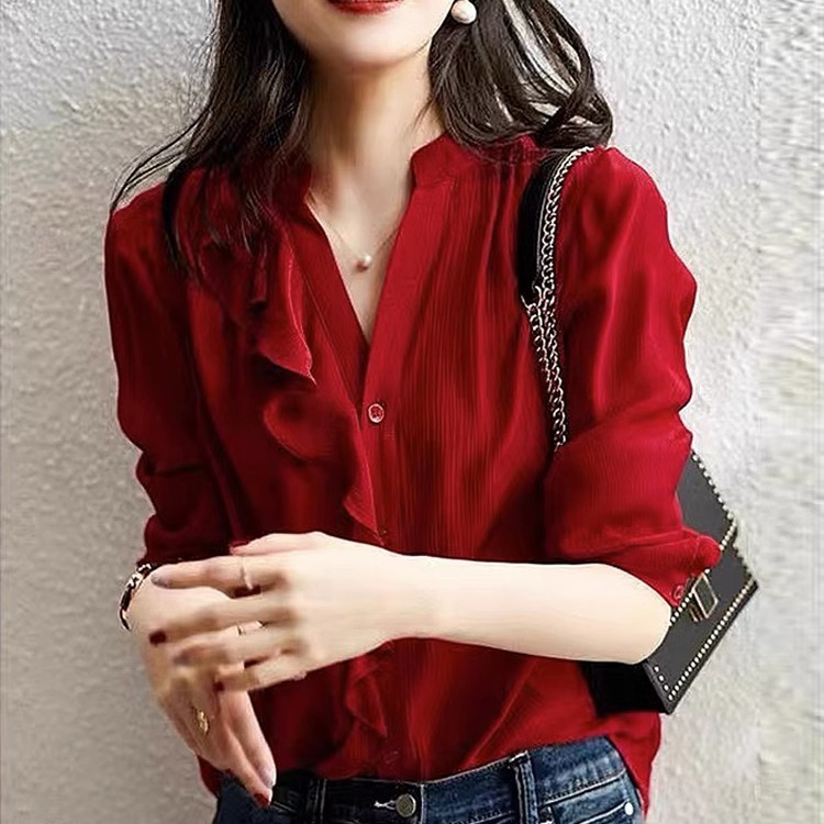 高端氣質真絲襯衫女秋季新款設計感紅色襯衣荷葉邊桑蠶絲減齡上衣