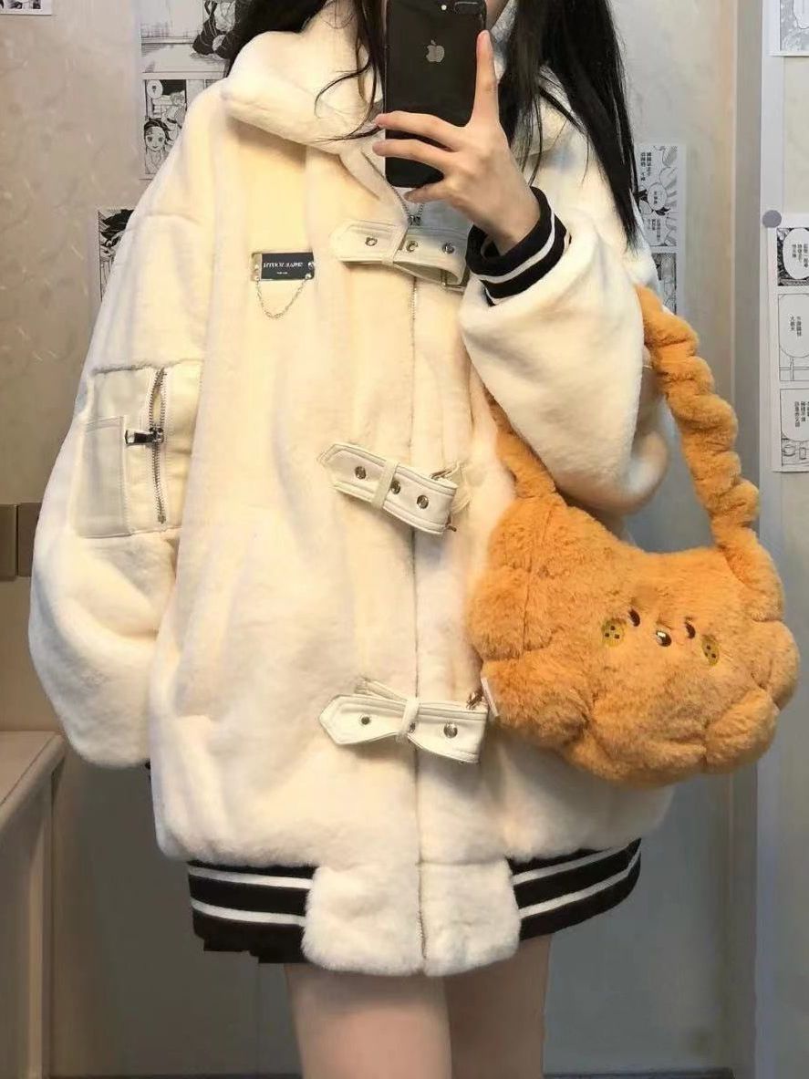 雙色皮扣羊羔絨外套女冬季2023新款甜美日系寬鬆百搭棉衣棉服上衣