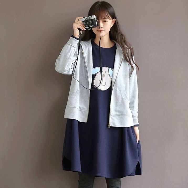 Oversized 300 catties pregnant women's dress  spring loose belly hidden meat slimming knee fat mm sweater dress