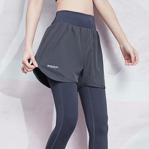 范斯蒂克 运动裤女弹力紧身高腰假两件瑜伽长裤显瘦跑步健身裤子