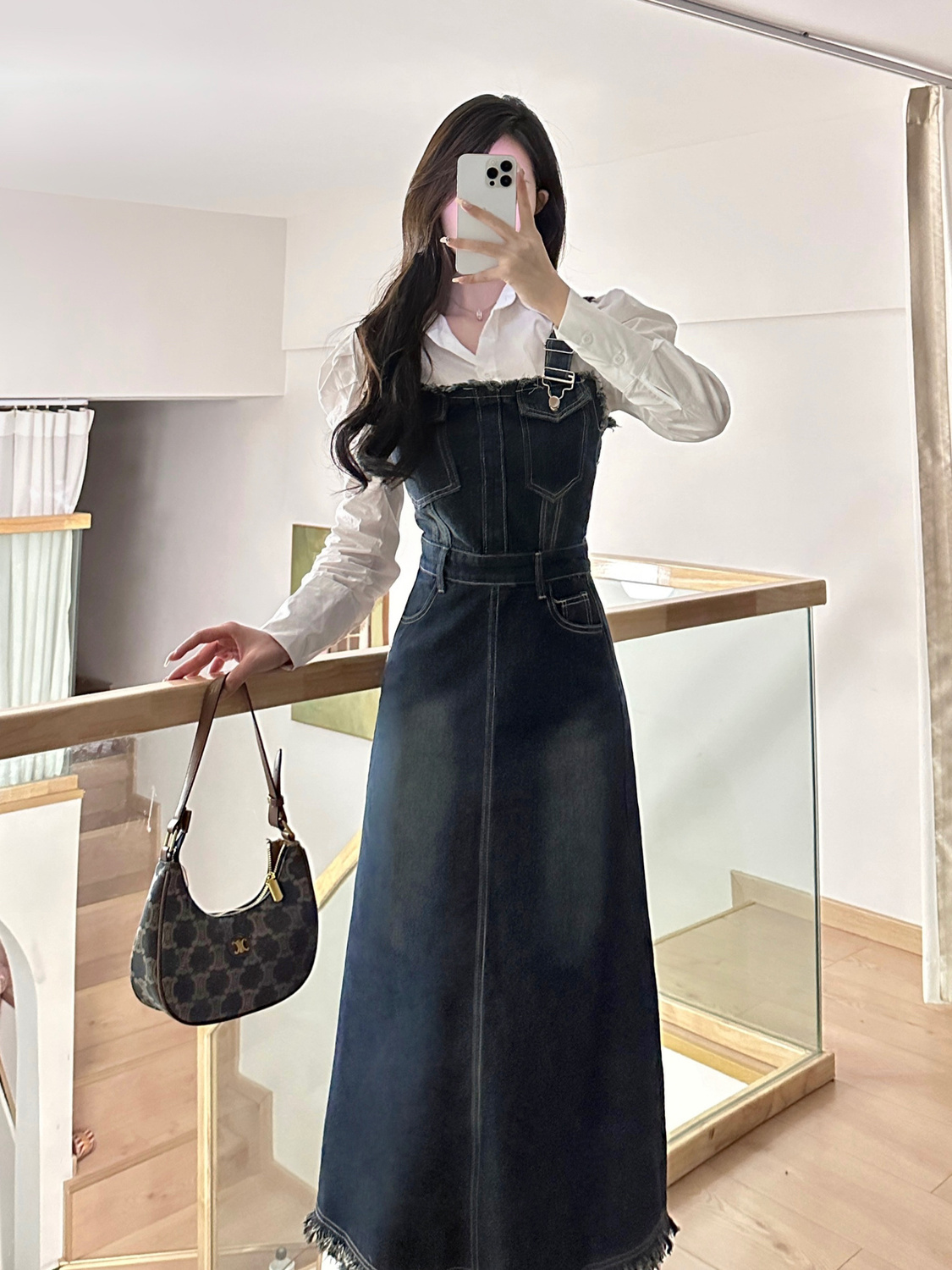 Korean retro denim suspender skirt for female students, sweet and high-end mid-length dress + shirt one-piece suit