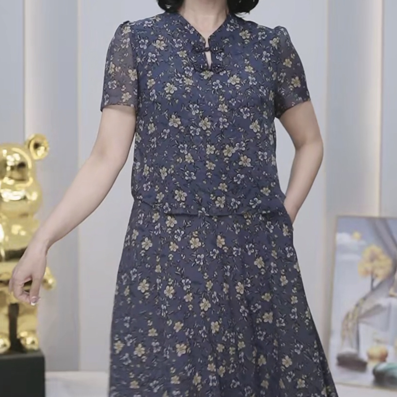 Binglisi fake two-piece improved cheongsam dress 2023 new women's summer retro style mid-length floral skirt