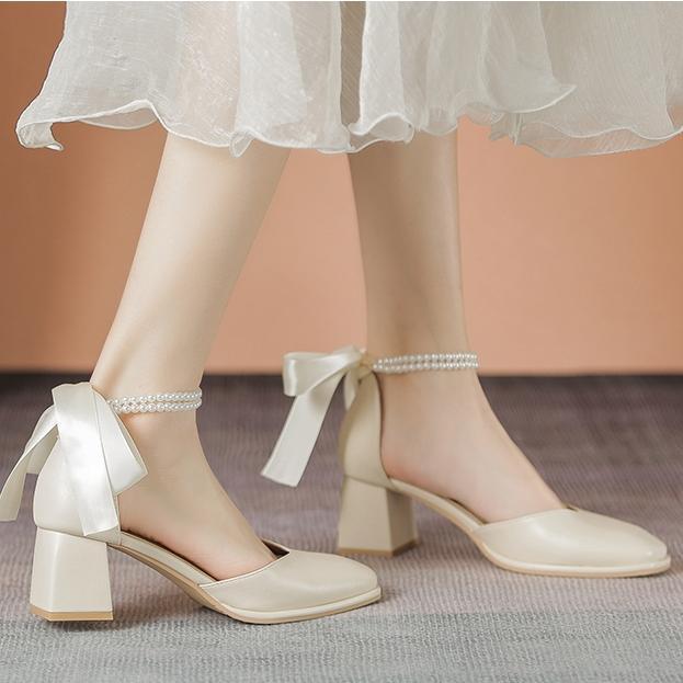 单鞋女春2023年夏季新款法式珍珠小众伴娘鞋不累脚蝴蝶结高跟凉鞋