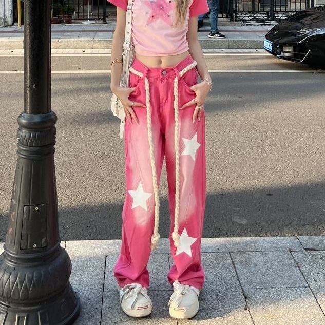 多巴胺女孩穿搭大碼星星牛仔褲女胖mm甜辣風設計感小眾高街直筒褲