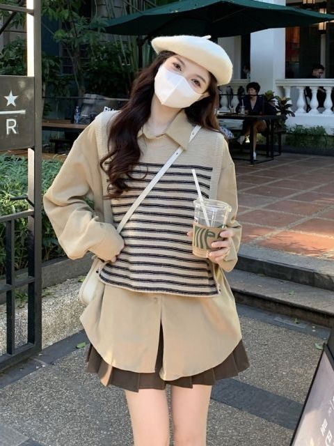 兩件套裝春秋小眾日系條紋針織馬甲圓領毛衣背心女洋氣復古襯衫潮