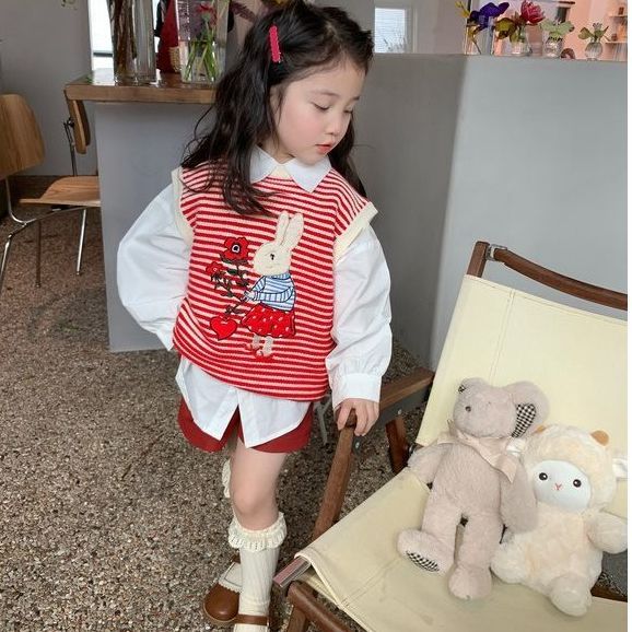 Girls Korean style casual solid color shirt 2022 spring and autumn new baby daily all-match striped long-sleeved top tide