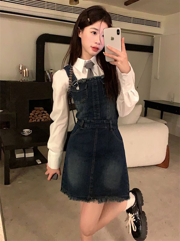 【送腰帶】牛仔套裝裙甜酷辣妹背帶牛仔裙子連衣裙包臂裙短裙襯衣