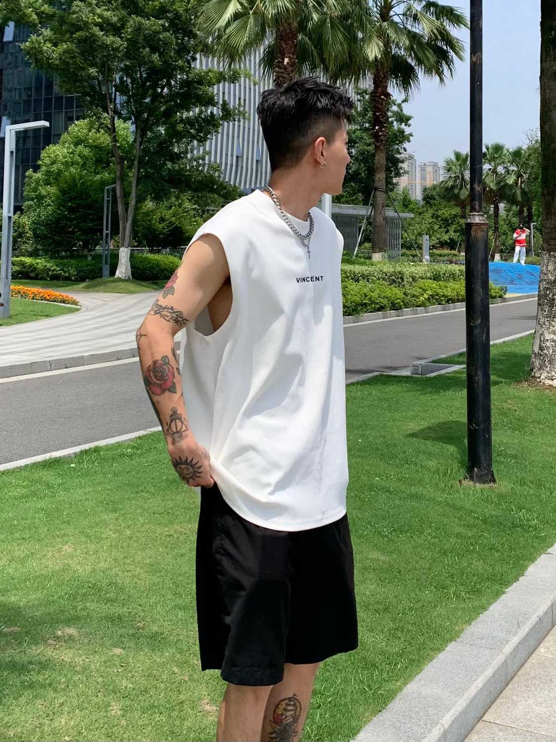 Pure cotton American style wear white waistcoat vest men's sweatshirt sports casual loose printed sleeveless t-shirt for outerwear