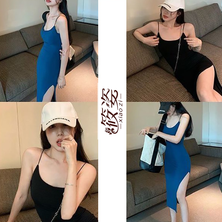 筱姿開叉吊帶連衣裙女新款2023中長裙氣質顯瘦收腰名媛包臀裙子