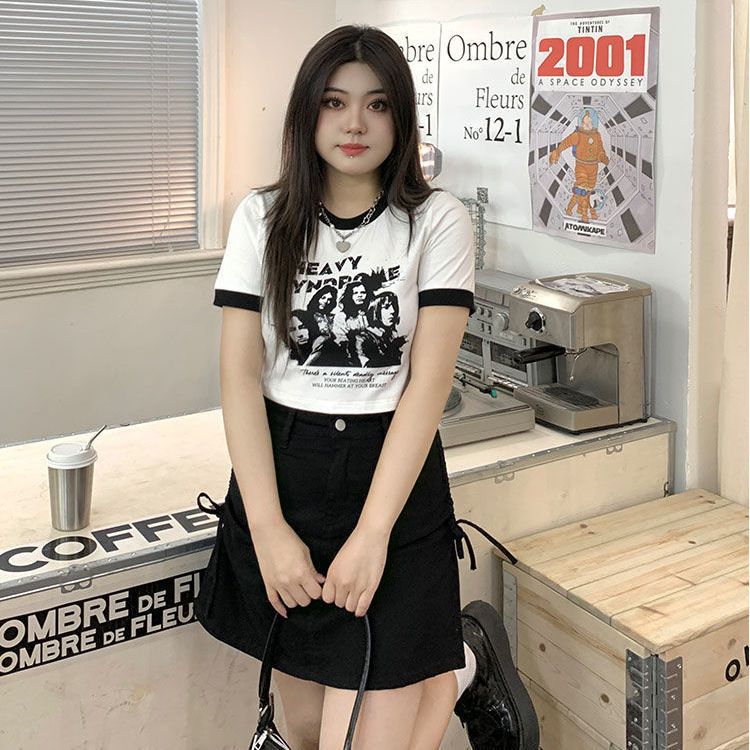 大碼女裝2022夏季黑白短袖T恤女短款辣妹露腰上衣胖mm半身裙套裝