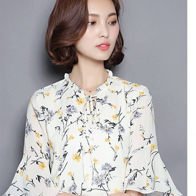 韩版五分袖时尚气质女雪纺衫蝴蝶结喇叭袖上衣柔美雪纺衫