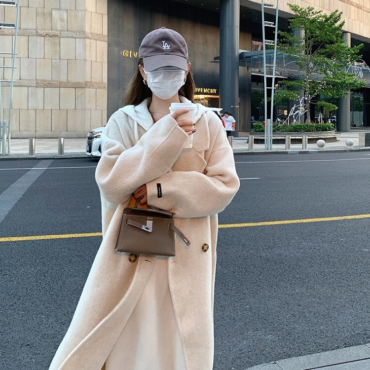 Off-white lazy small double-sided cashmere coat women's mid-length  autumn and winter new woolen coat