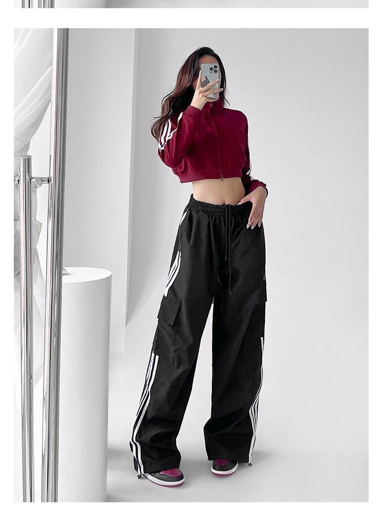Cargo pants for women American retro black sweatpants for small people spring and autumn new hip-hop loose wide-leg trousers