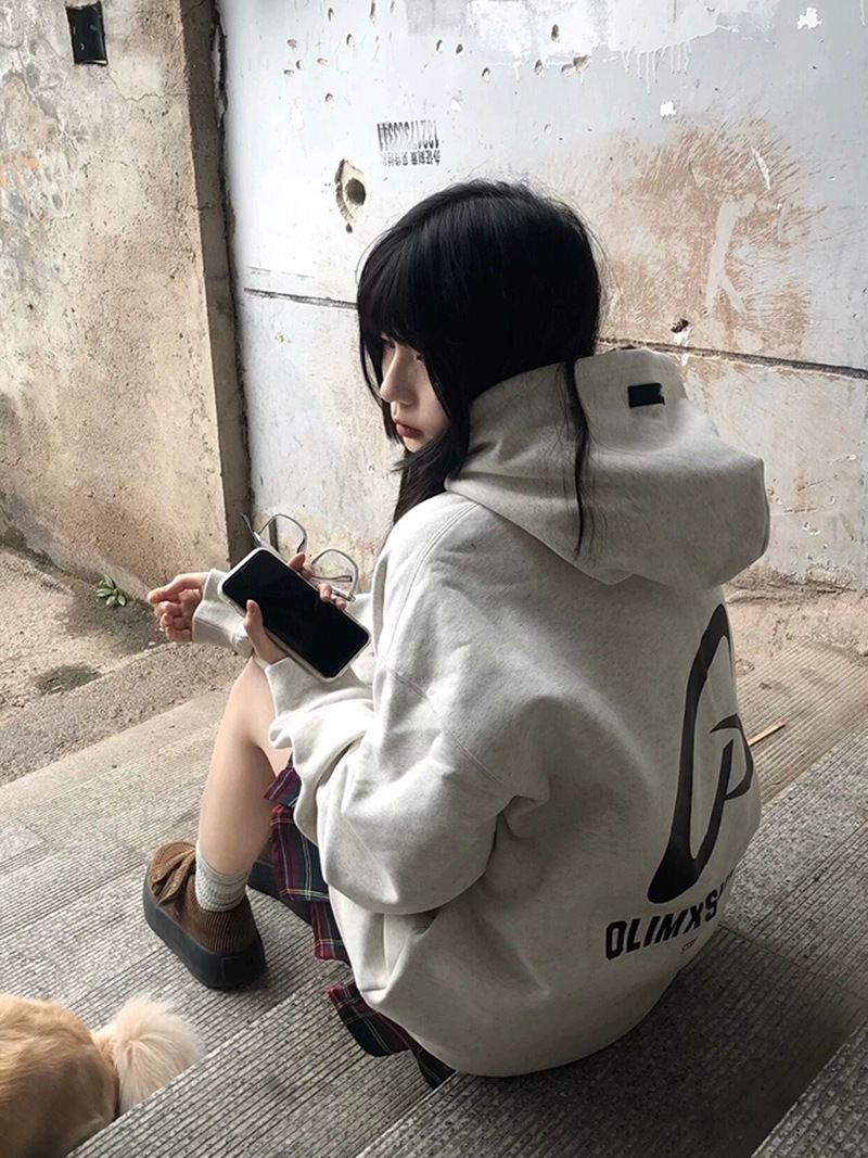 美式復古花灰色字母連帽衛衣女秋冬加絨寬鬆慵懶風休閒百搭上衣潮