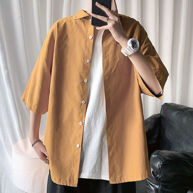 Five-point sleeve shirt men's port style Japanese retro summer short sleeve shirt Korean version of loose trend ins Joker shirt