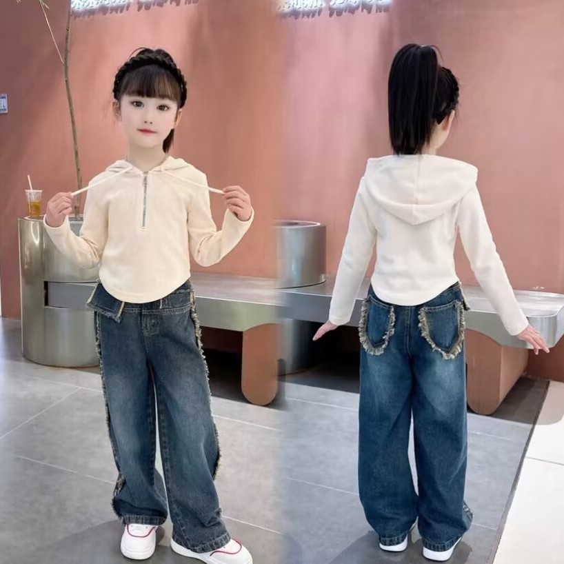 女童春裝套裝2023新款兒童裝網紅衛衣春秋款衣服洋氣牛仔闊腿褲潮