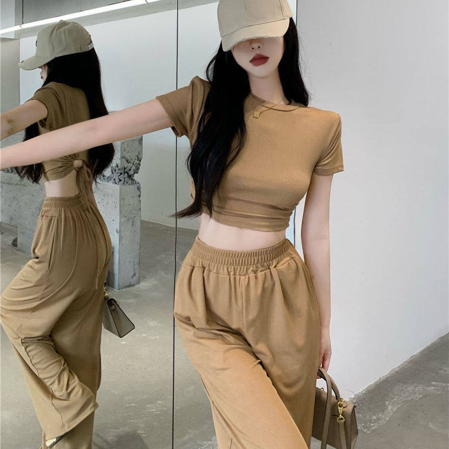 Korean fashion suit women's hollow strap short-sleeved T-shirt top elastic waist wide-leg casual pants summer two-piece set