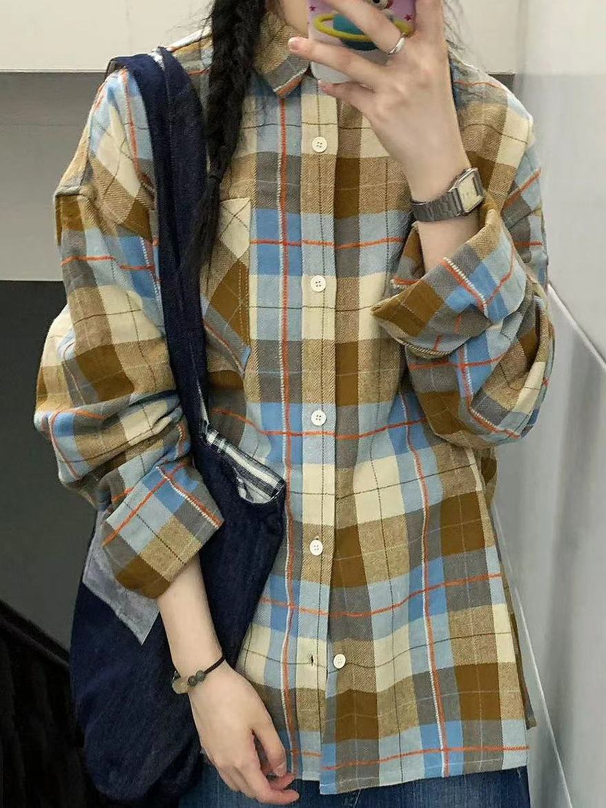 2023早秋新款藍棕色格子襯衫女美式復古寬鬆休閒顯瘦情侶襯衣外穿