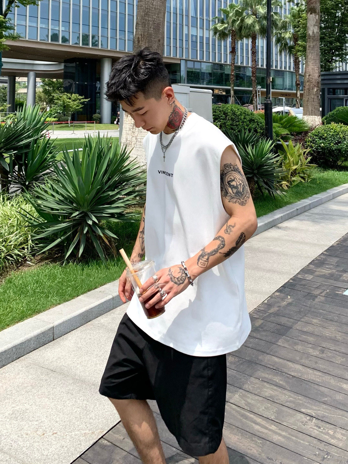 Pure cotton American style wear white waistcoat vest men's sweatshirt sports casual loose printed sleeveless t-shirt for outerwear