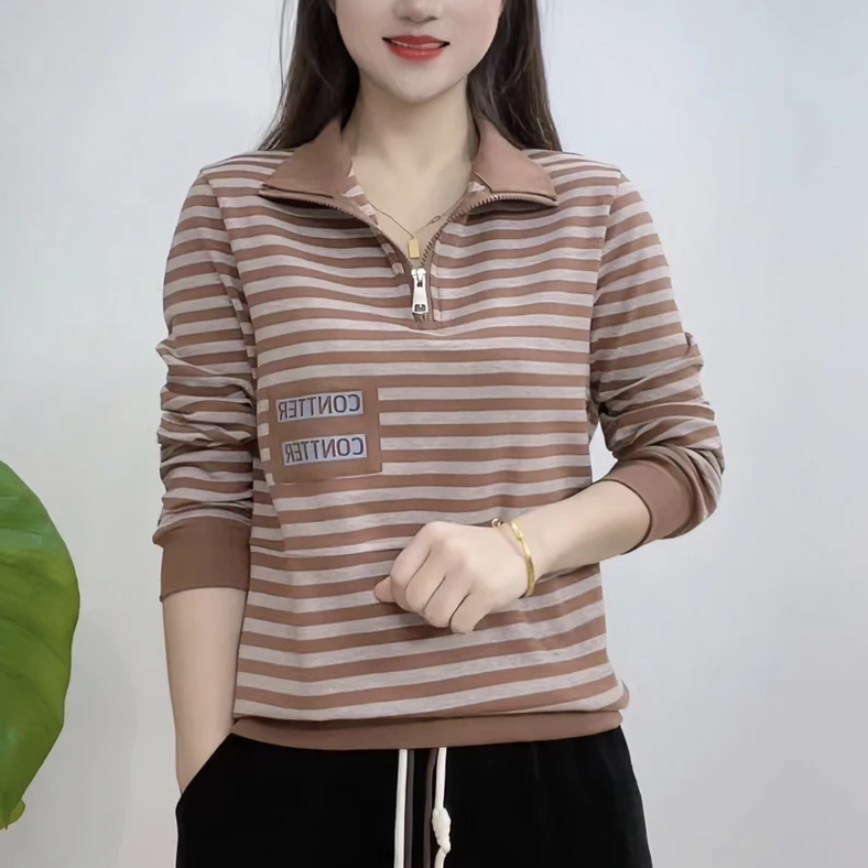 高檔女裝春秋新款立領純棉拉鏈條紋打底衫女寬鬆時尚百搭休閒衛衣
