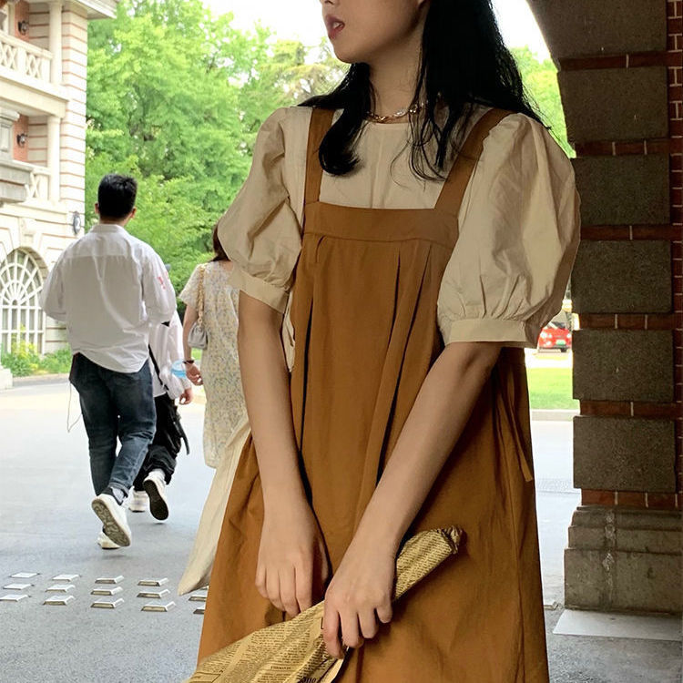时尚套装女夏季韩版泡泡短袖T恤+日系复古背带裙子两件套装潮