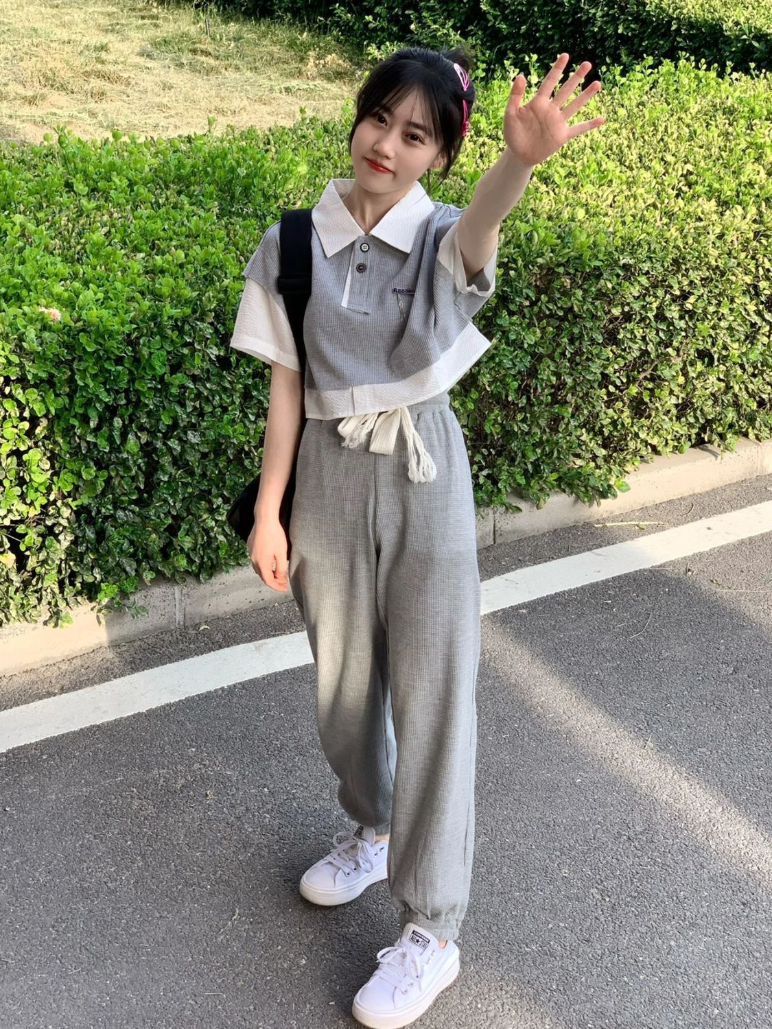 兩件套裝/單件夏學院風減齡拼接短款POLO衫T恤短袖高腰闊腿休閒褲