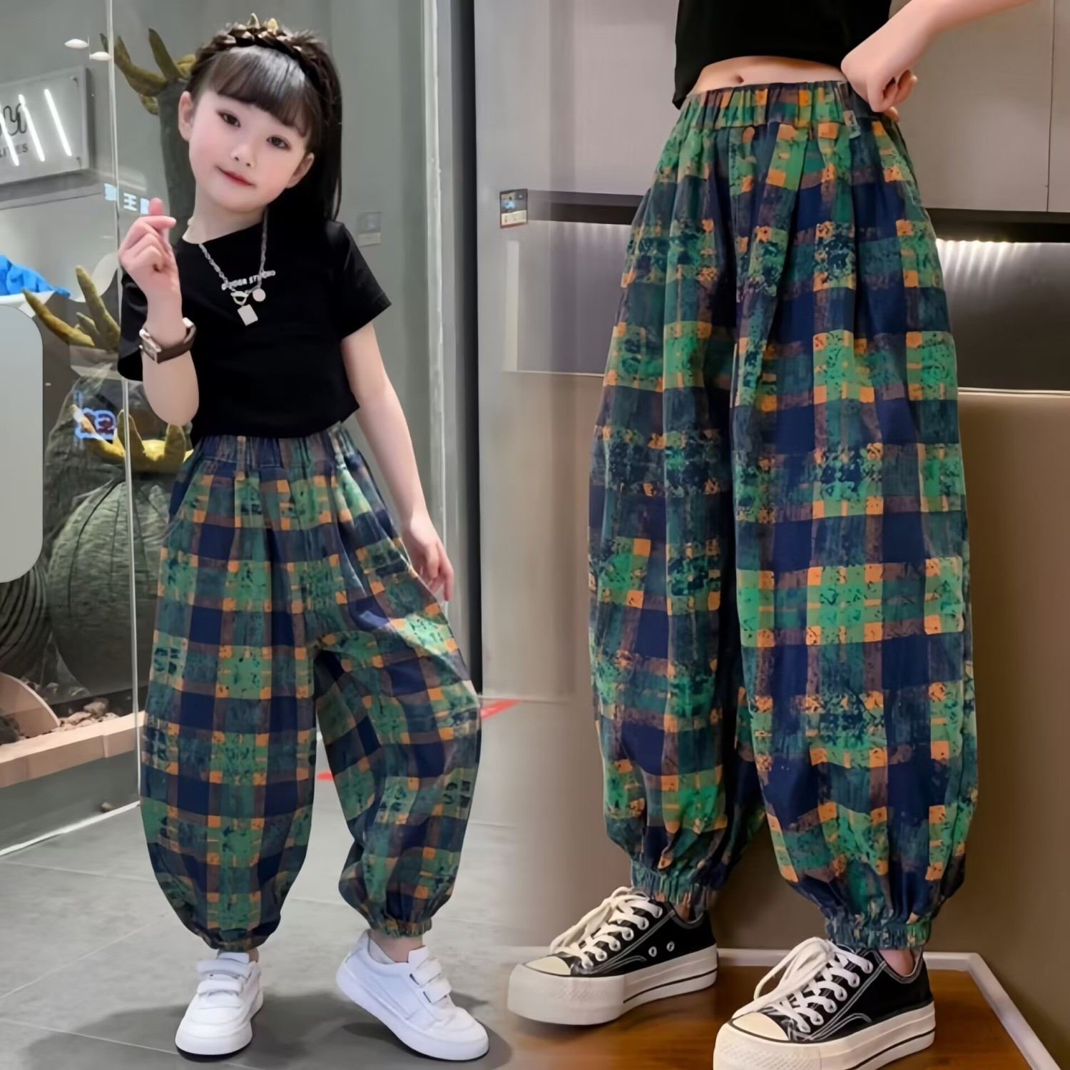 女童夏季洋氣時髦短袖牛仔哈倫褲兩件套中大童束腳燈籠褲套裝潮酷