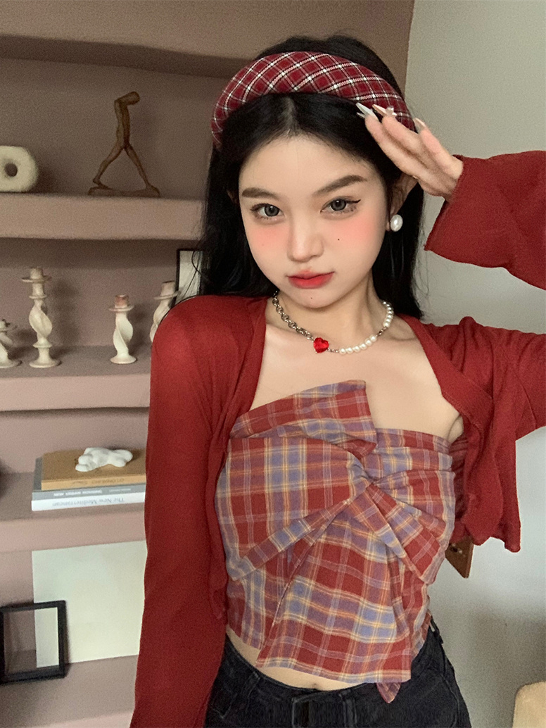 抹胸套裝兩件套港風純欲風女裝氣質格子吊帶背心防曬開衫性感上衣