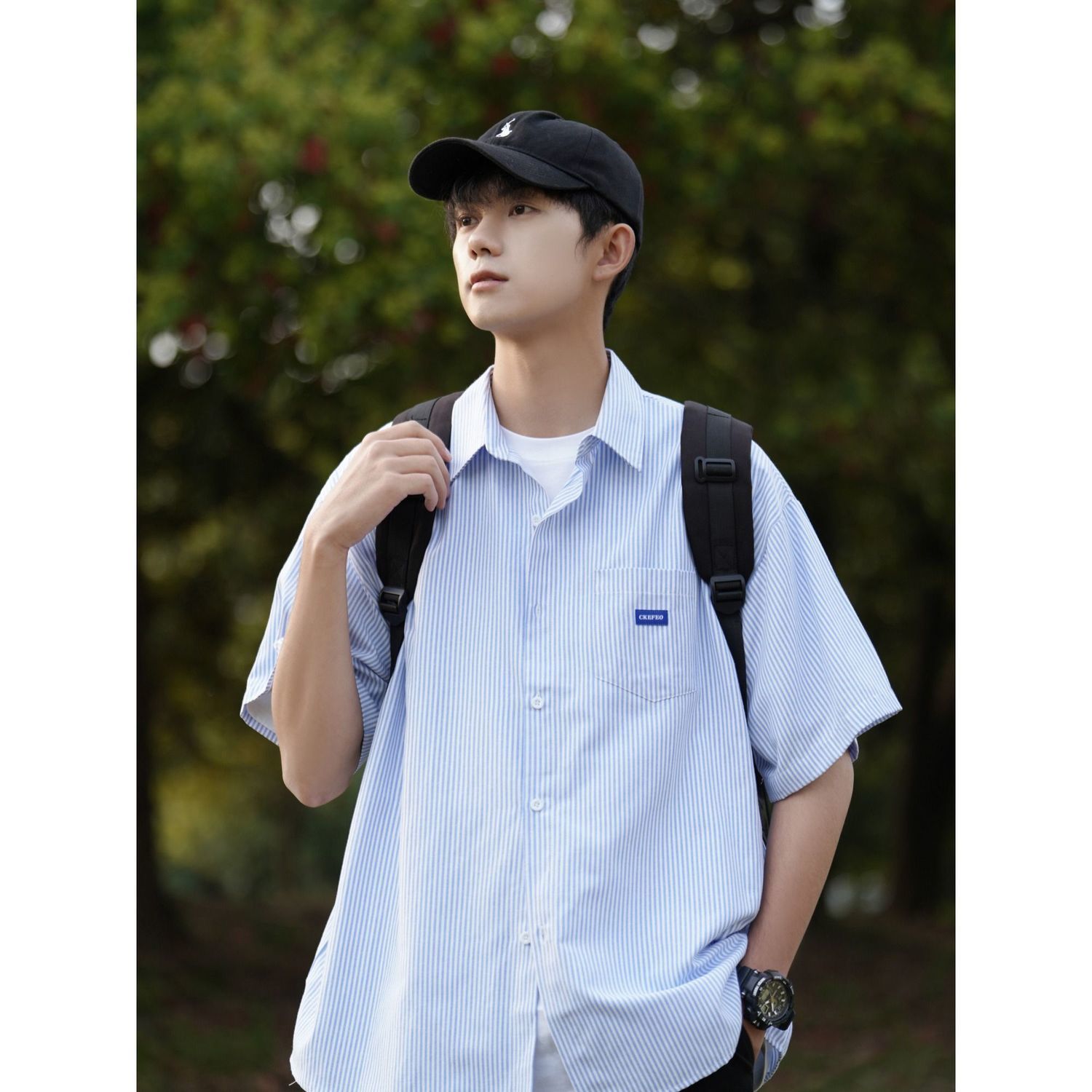 Japanese cityboy striped short-sleeved shirt men's summer casual all-match lapel shirt trendy brand thin jacket trendy