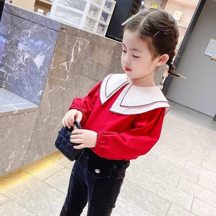 2021 Girls Spring and Autumn New Lapel Doll Red Solid Color Top Baby Spring and Autumn Bottom Shirt Xiaoxiang Style