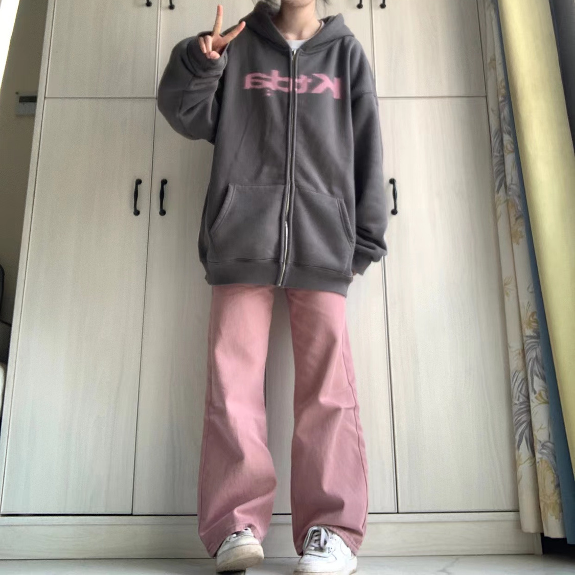 復古髒粉色高腰闊腿牛仔褲女新款ins直筒百搭寬鬆顯瘦拖地長褲潮