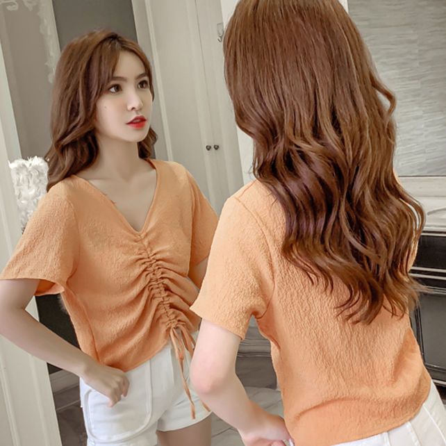 Chiffon top women's summer design niche French chic V-neck drawstring bubble wrinkle shirt sweet short-sleeved T-shirt trendy