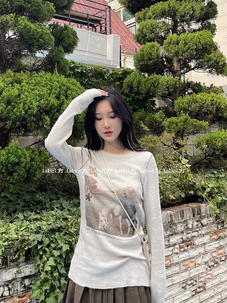 American retro printed long-sleeved T-shirt for women in autumn new design niche slimming bottoming shirt top ins