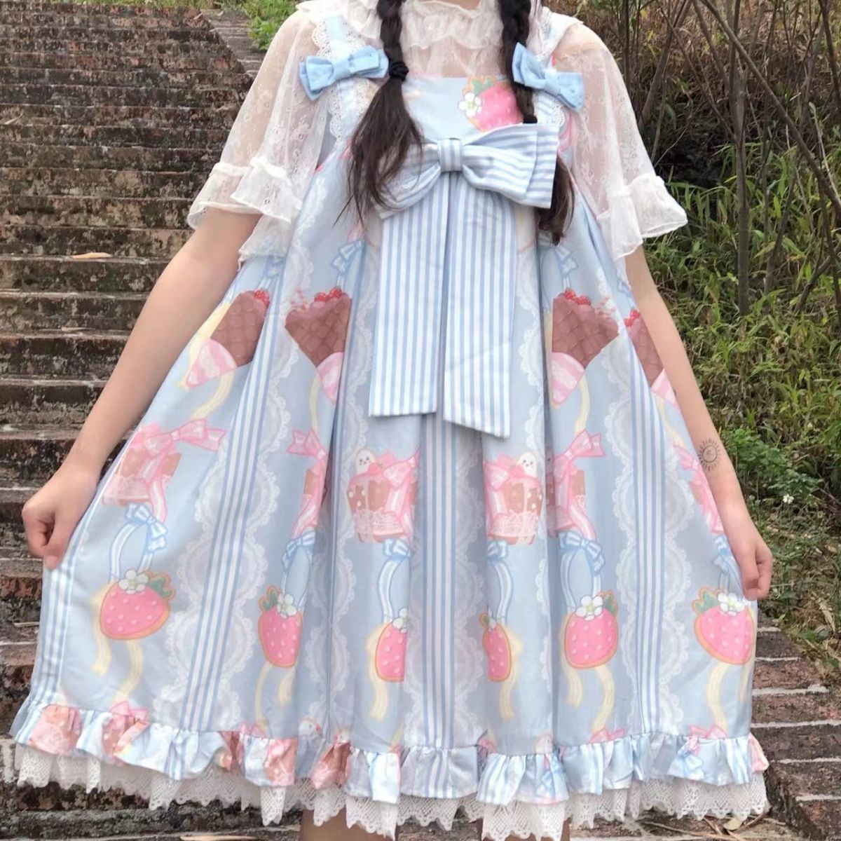 Two-piece suit Japanese soft girl bow lace printed Lolita strap dress female student + shirt