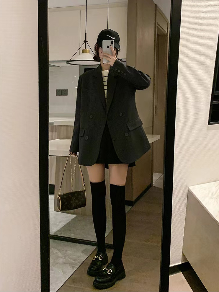 Korean style double-breasted black suit jacket for women, spring and autumn new style, slim, loose, versatile and fashionable suit for women