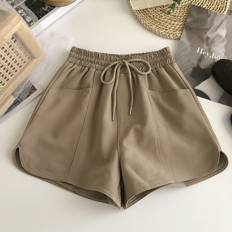 Drawstring tie high waist double pocket casual pants women 2023 spring and summer new Korean version all-match outerwear wide-leg shorts