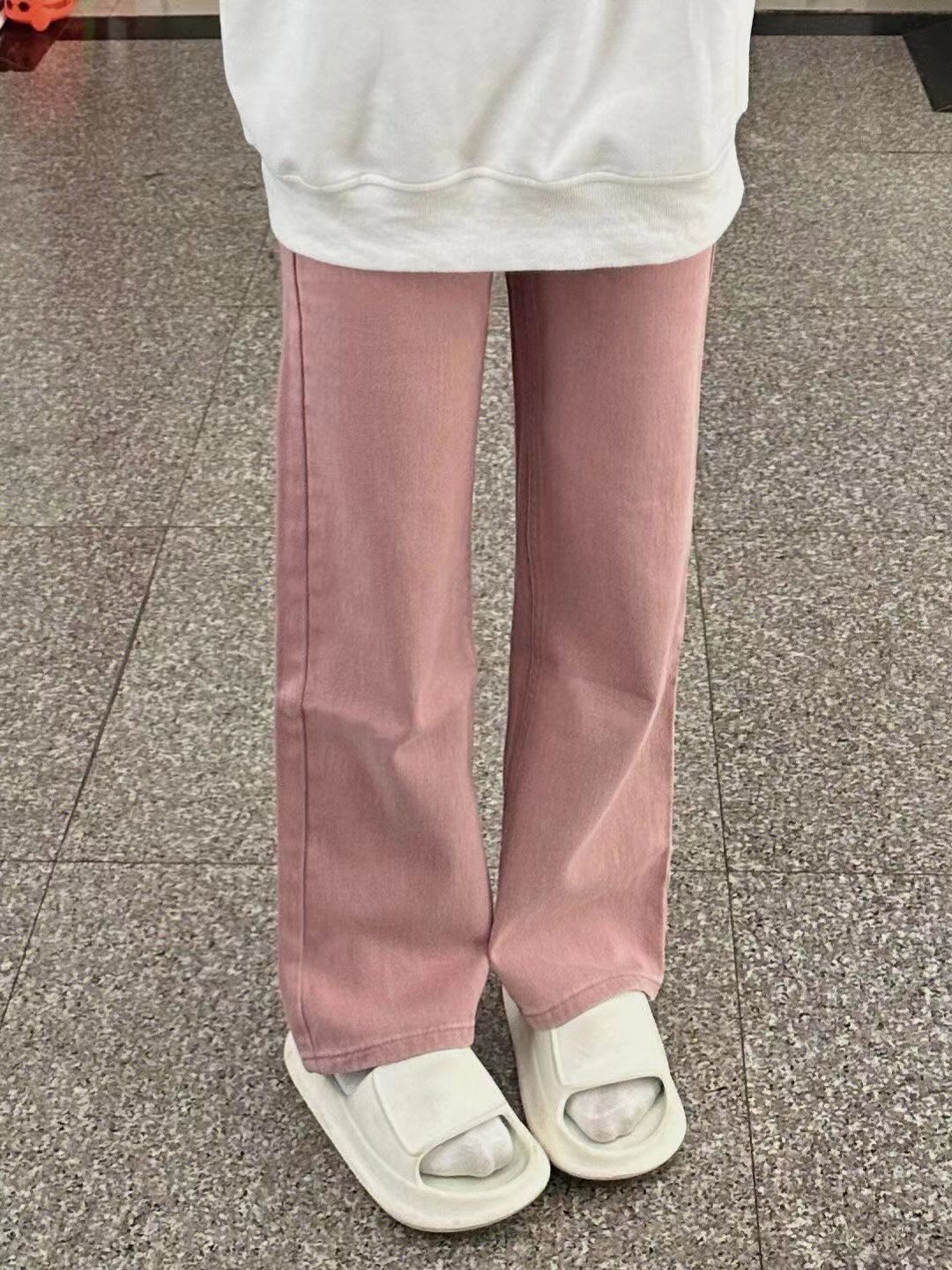 髒粉色做舊闊腿牛仔褲女2023新款大碼胖mm高腰顯瘦寬鬆韓版拖地褲