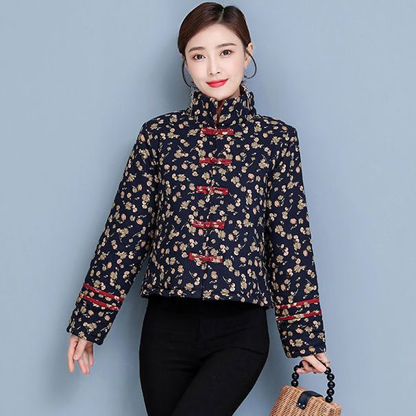 Tang suit floral small padded jacket Chinese style retro buckle warm jacket autumn and winter ethnic style padded thick cotton coat