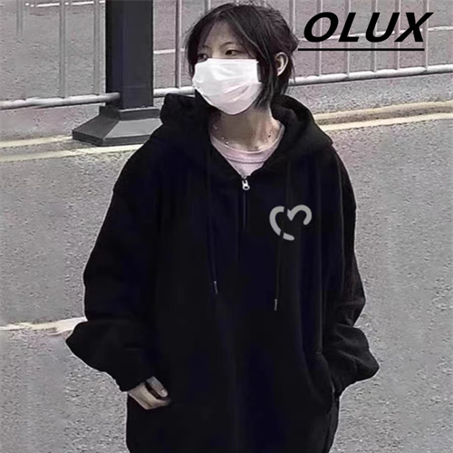 OLUX美式復古拉鏈開衫外套女秋冬新款寬鬆休閒加絨加厚連帽衛衣潮