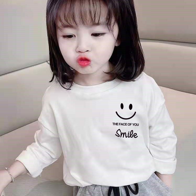 100% cotton children's white long-sleeved t-shirt  spring and autumn new girls' middle and small children's tops baby bottoming shirt