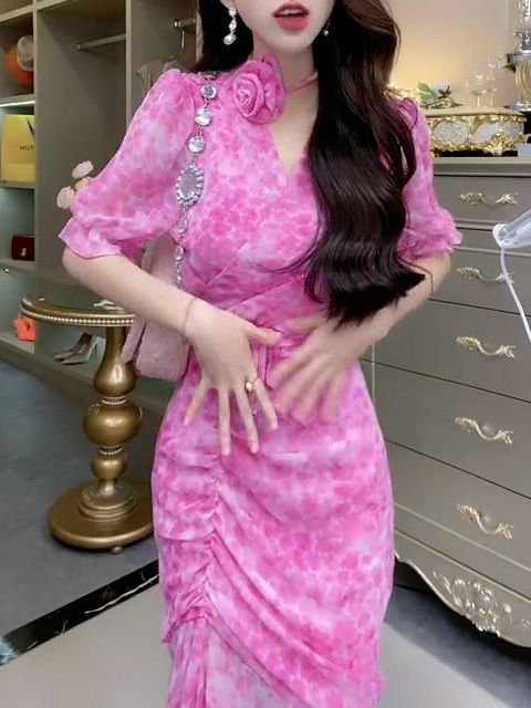 New Chinese-style French light luxury tea break light and familiar temperament V-neck waist floral skirt suit 2023 summer new style